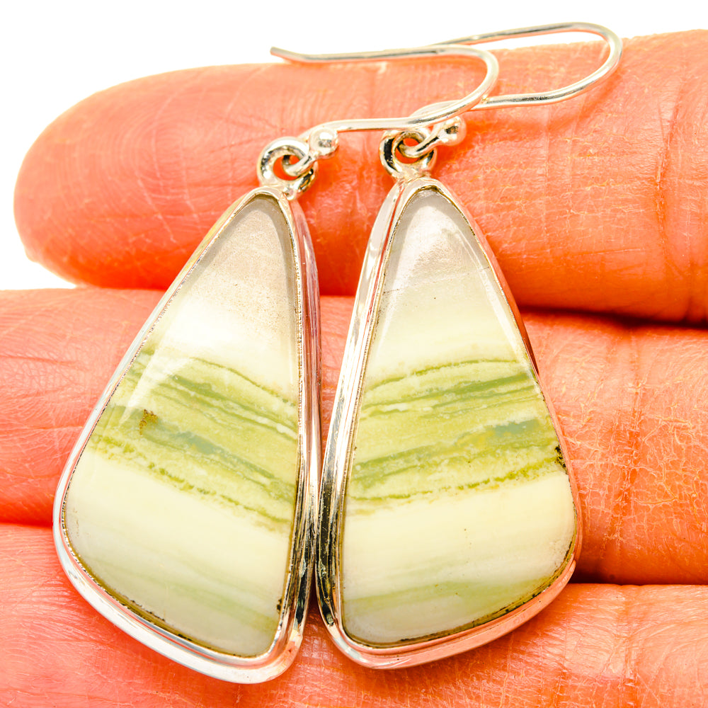 Teardrop lemon jasper earrings, green-striped yellow stone, sterling silver wire hooks
