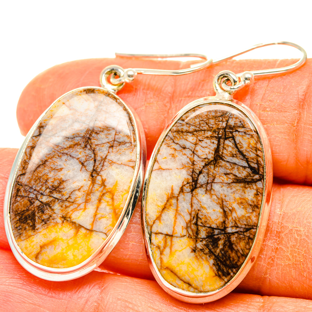 Sterling silver picture jasper oval drop earrings with yellow and dark brown veining