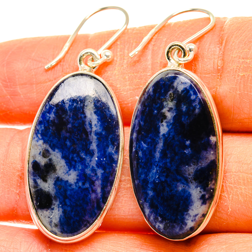 925 sterling silver oval sodalite drop earrings with blue stone cabochons