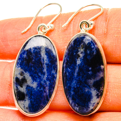 925 sterling silver oval sodalite drop earrings with blue stone cabochons
