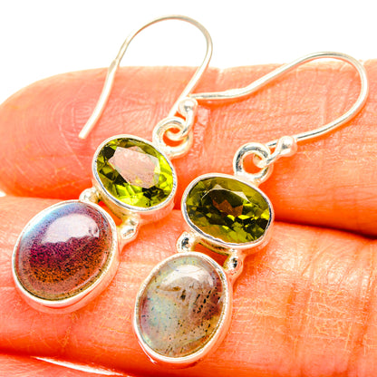 Sterling silver drop earrings with green peridot and iridescent labradorite ovals