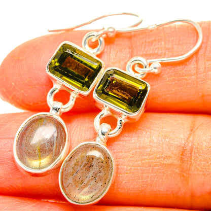 Sterling silver peridot green square earrings with round labradorite dangles