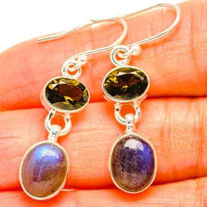 Silver drop earrings with green peridot and purple-blue labradorite oval drops