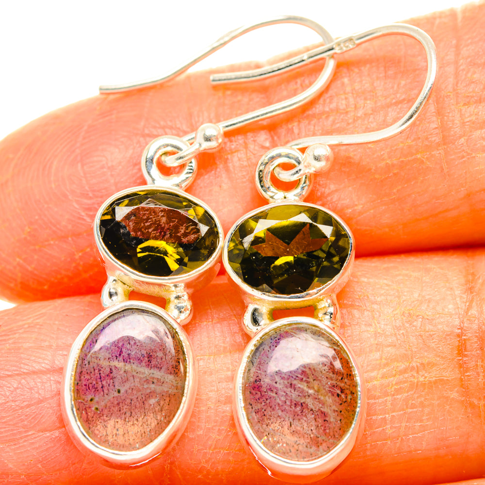 Sterling silver drop earrings with green peridot and pink-purple labradorite cabochons