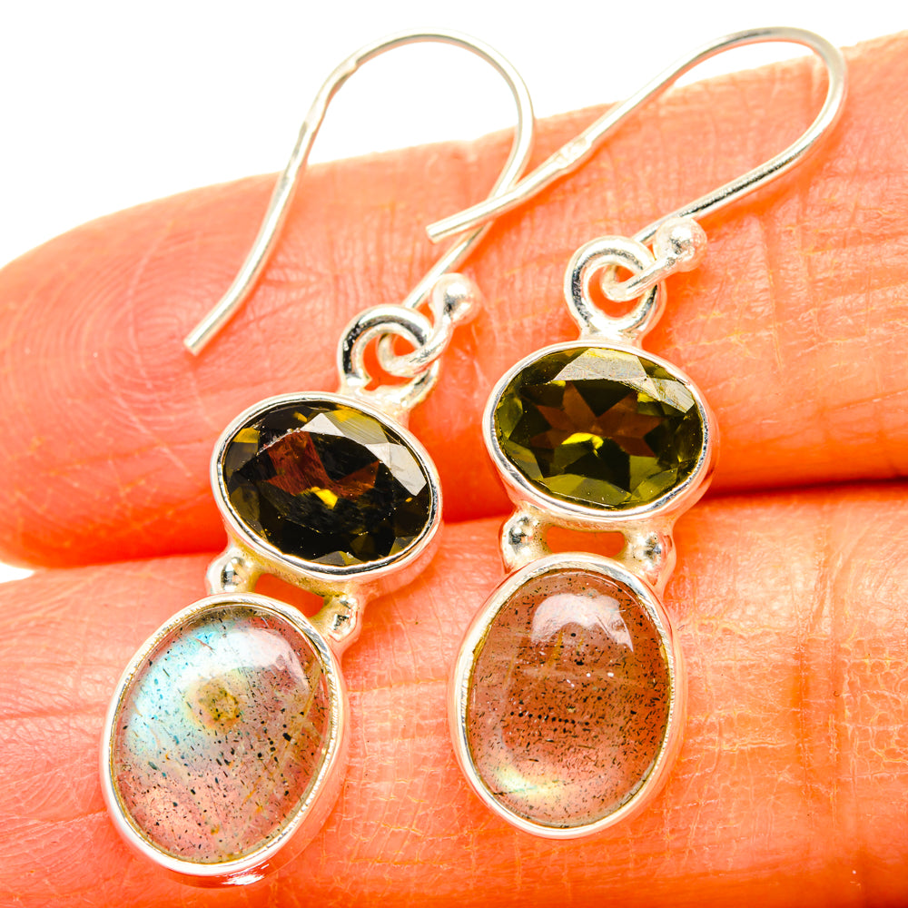Sterling silver earrings with round peridot-like stones and oval speckled labradorite drops