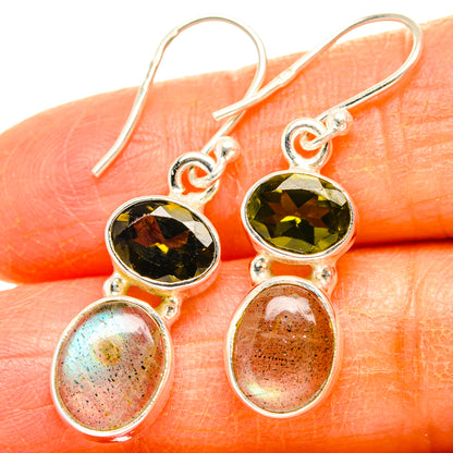 Sterling silver earrings with round peridot-like stones and oval speckled labradorite drops