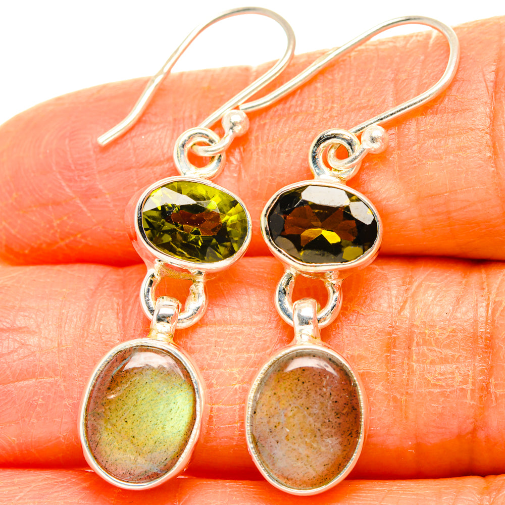 Sterling silver drop earrings with green peridot top and labradorite oval dangles