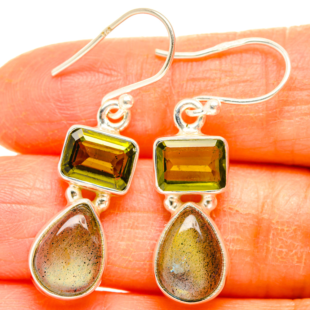 Peridot and labradorite drop earrings, green square stones with iridescent teardrops