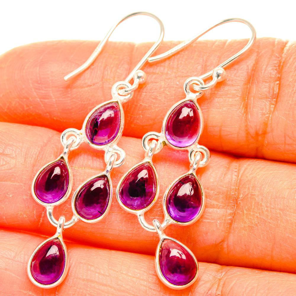 Sterling silver amethyst teardrop chandelier earrings with five purple stones each