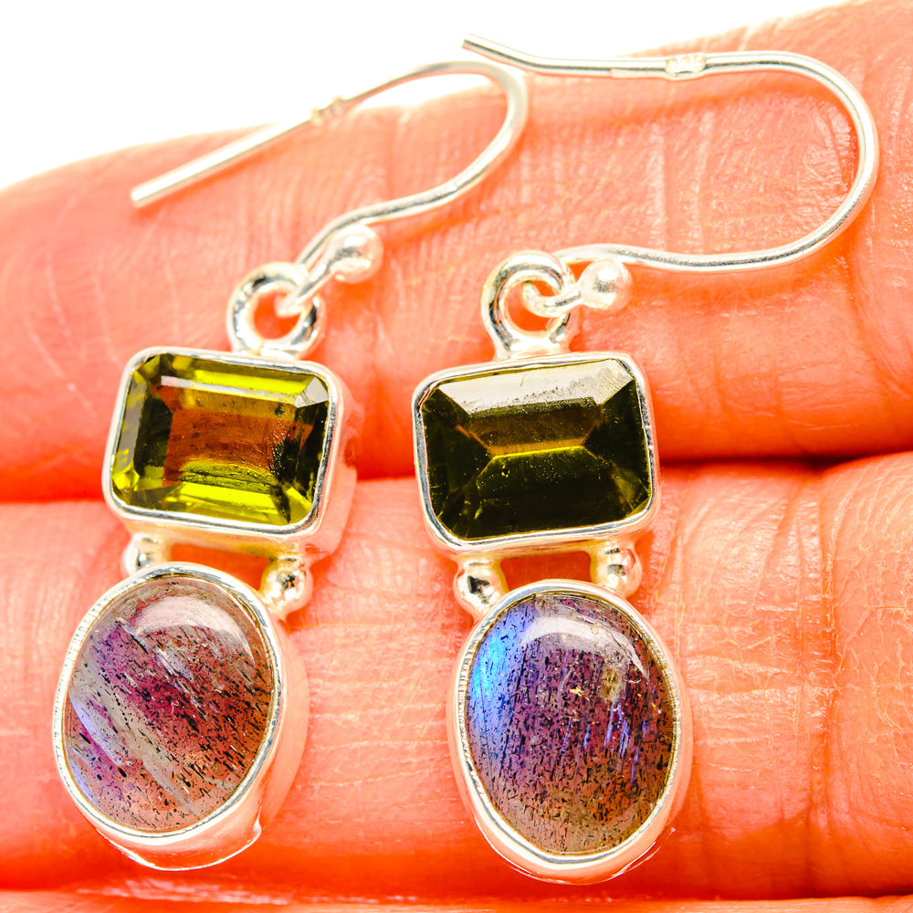 Sterling silver earrings with peridot-green square and labradorite oval, purple-blue sheen