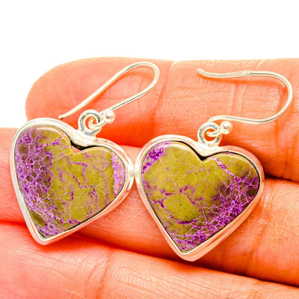925 sterling silver heart earrings with purple and yellow stichtite stone drops