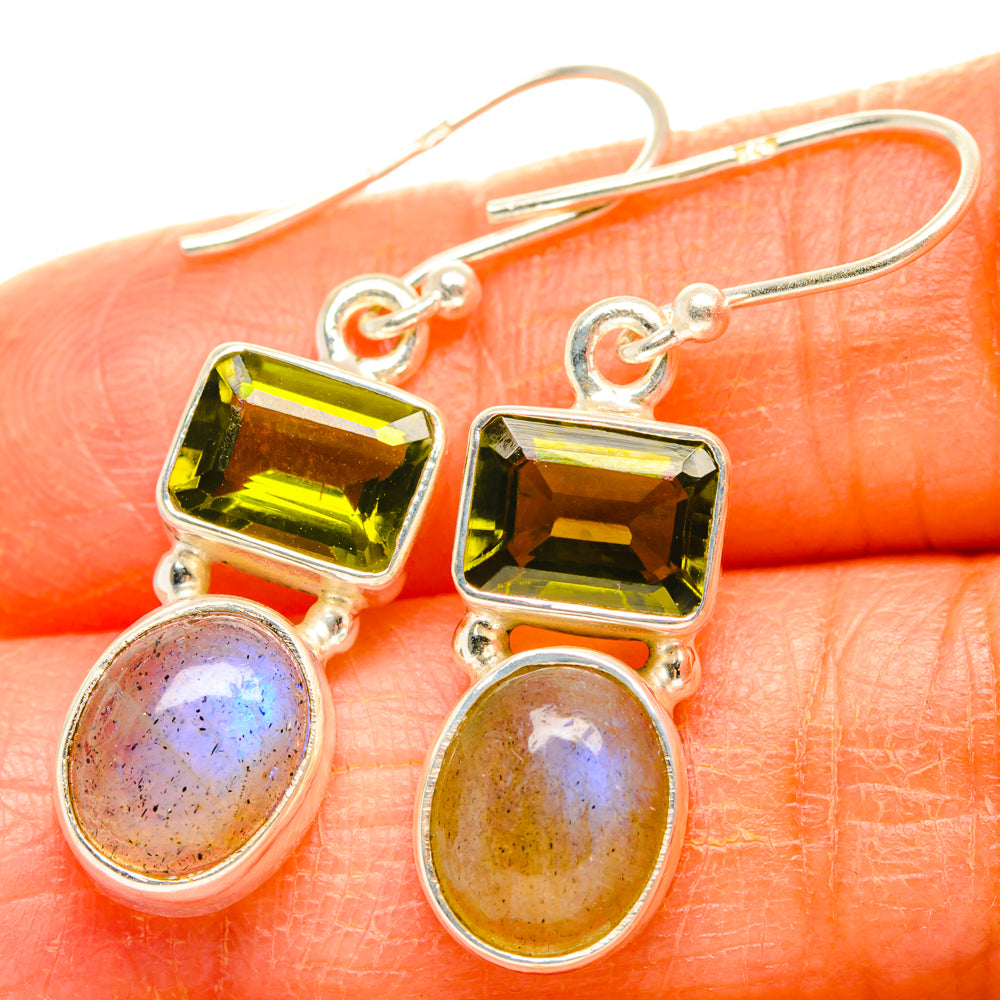 925 sterling silver drop earrings with green square peridot and oval labradorite stones