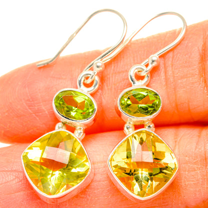 Sterling silver peridot and lemon quartz dangle earrings with green top and yellow heart stones