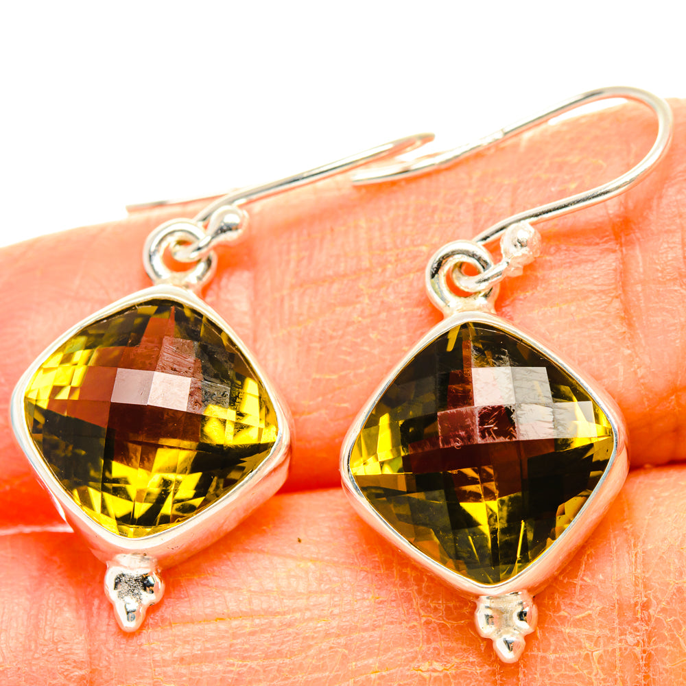 Faceted olive quartz teardrop earrings, 925 sterling silver with drop setting