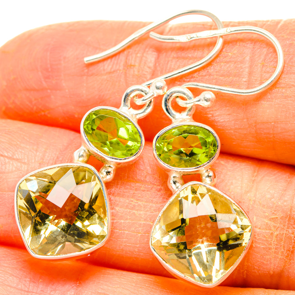 Sterling silver dangle earrings with round green stones and pear yellow citrine drops