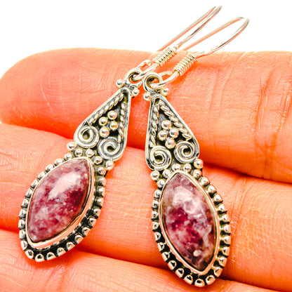 Sterling silver teardrop lepidolite earrings with ornate filigree and pink gemstone cabochons
