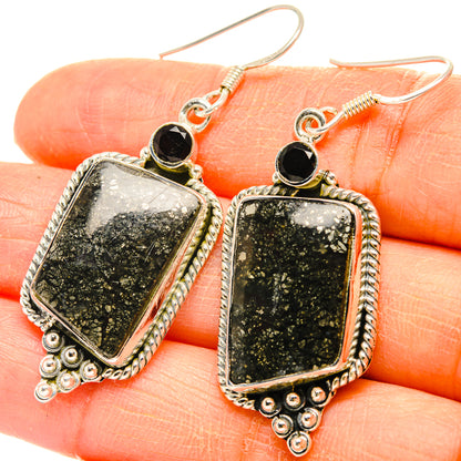 Black pyrite agate drop earrings with gold speckled stones, silver hooks