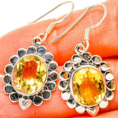 Citrine gemstone drop earrings in 925 sterling silver with round faceted yellow stones