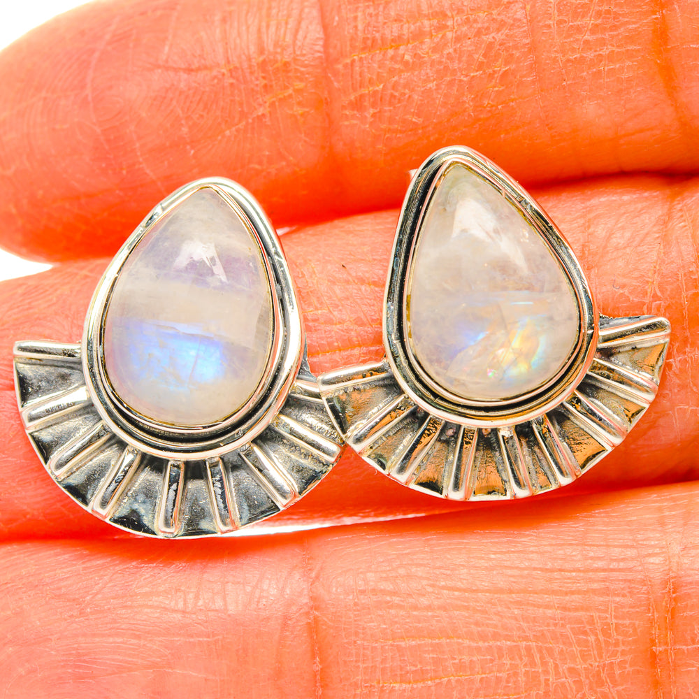 925 sterling silver teardrop moonstone earrings with rainbow sheen and fan details