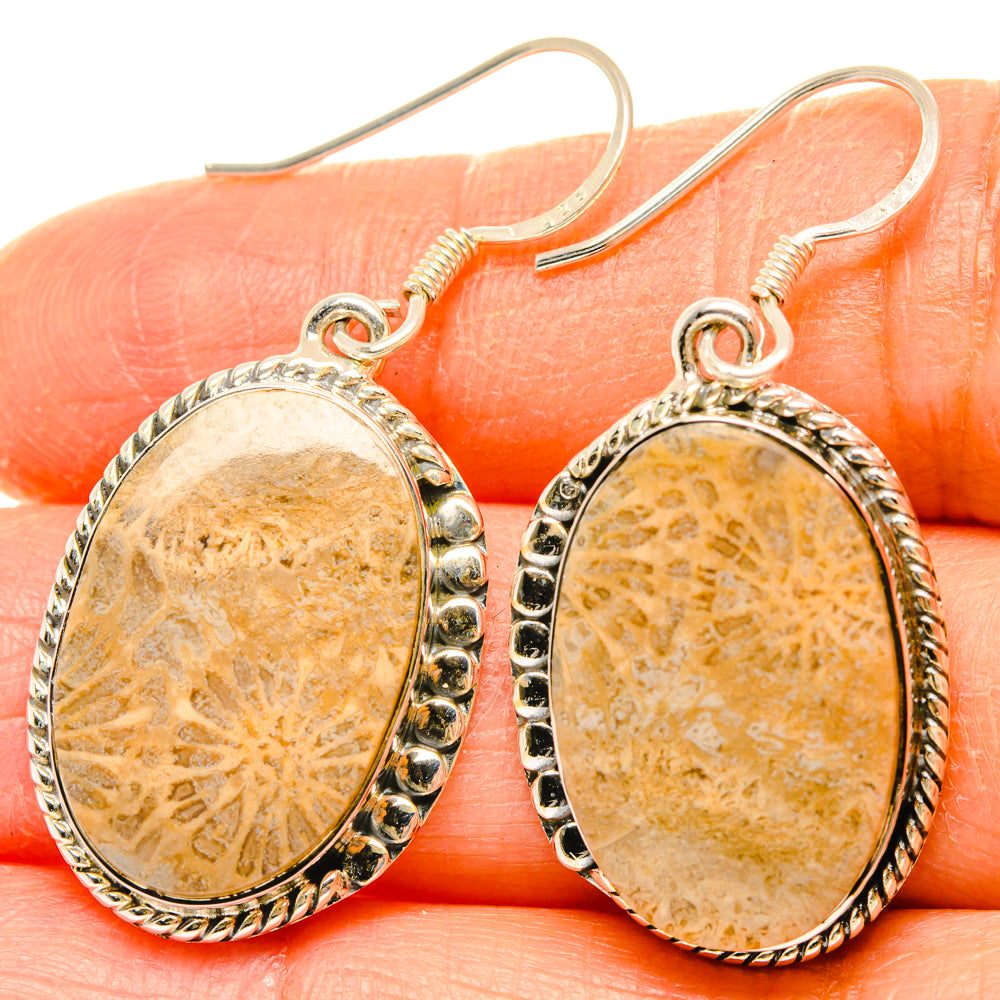 Oval coral cabochon drop earrings in 925 sterling silver with fishhook backs
