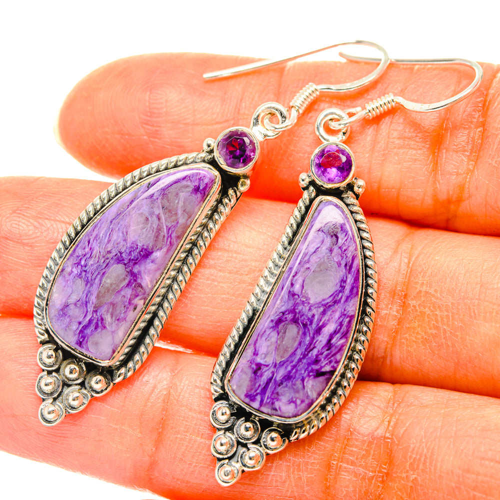 Purple gemstone drop earrings with round top stones, sterling silver hooks and dangles