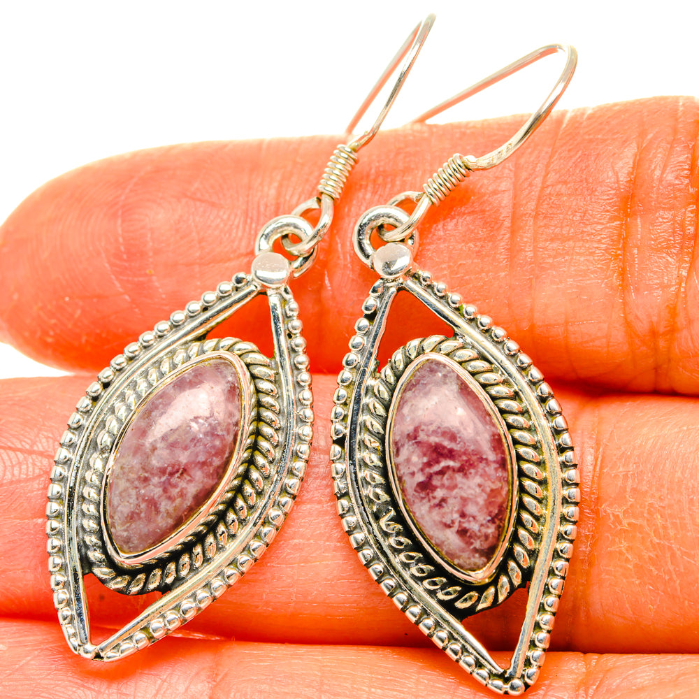 Lepidolite gemstone teardrop earrings in sterling silver, ornate bezel with hook backs