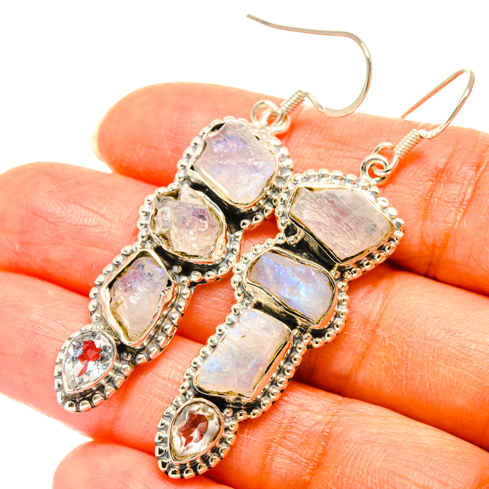 Moonstone drop earrings, rough iridescent stones in ornate 925 silver settings