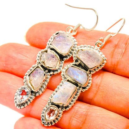 Moonstone drop earrings, rough iridescent stones in ornate 925 silver settings