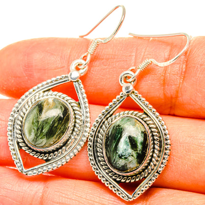 Round seraphinite teardrop earrings with textured 925 sterling silver frames