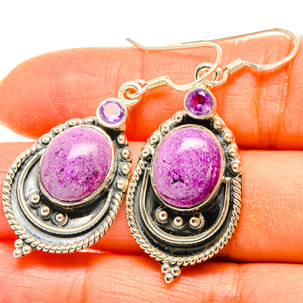 Oval purple stichtite drop earrings with amethyst accents, ornate 925 sterling silver hooks