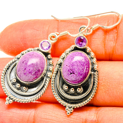 Oval purple stichtite drop earrings with amethyst accents, ornate 925 sterling silver hooks