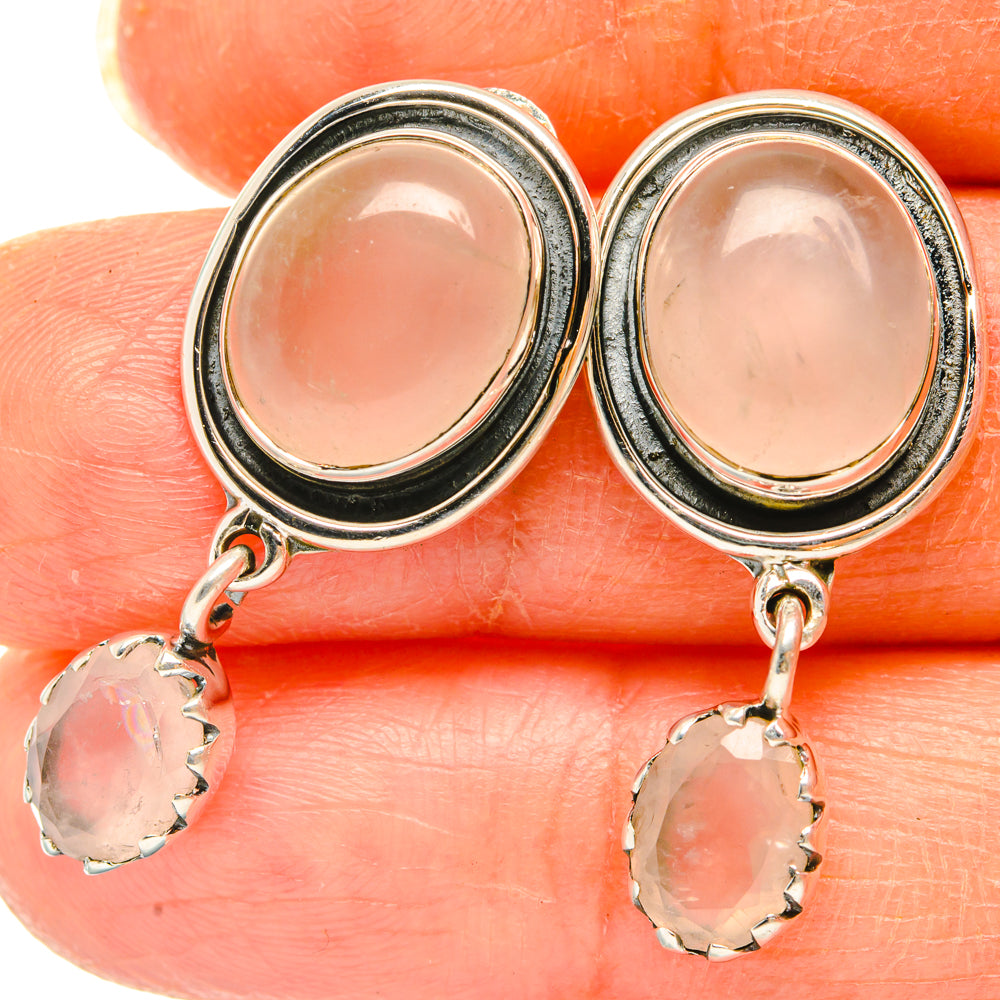 Oval rose quartz drop earrings in oval 925 sterling silver frames with scalloped edges