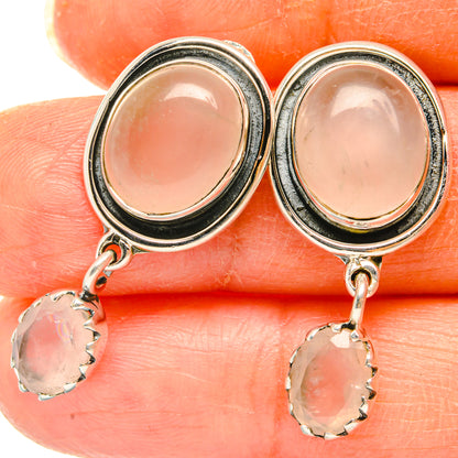 Oval rose quartz drop earrings in oval 925 sterling silver frames with scalloped edges