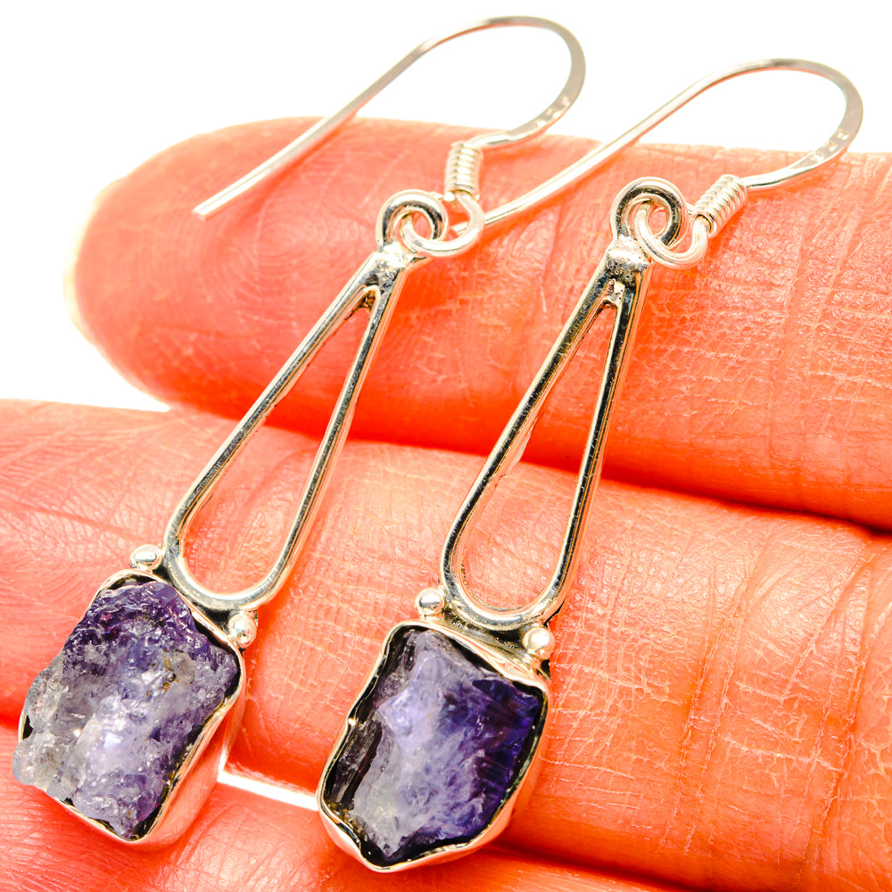 Sterling silver tanzanite drop earrings with rough purple stones and hooks
