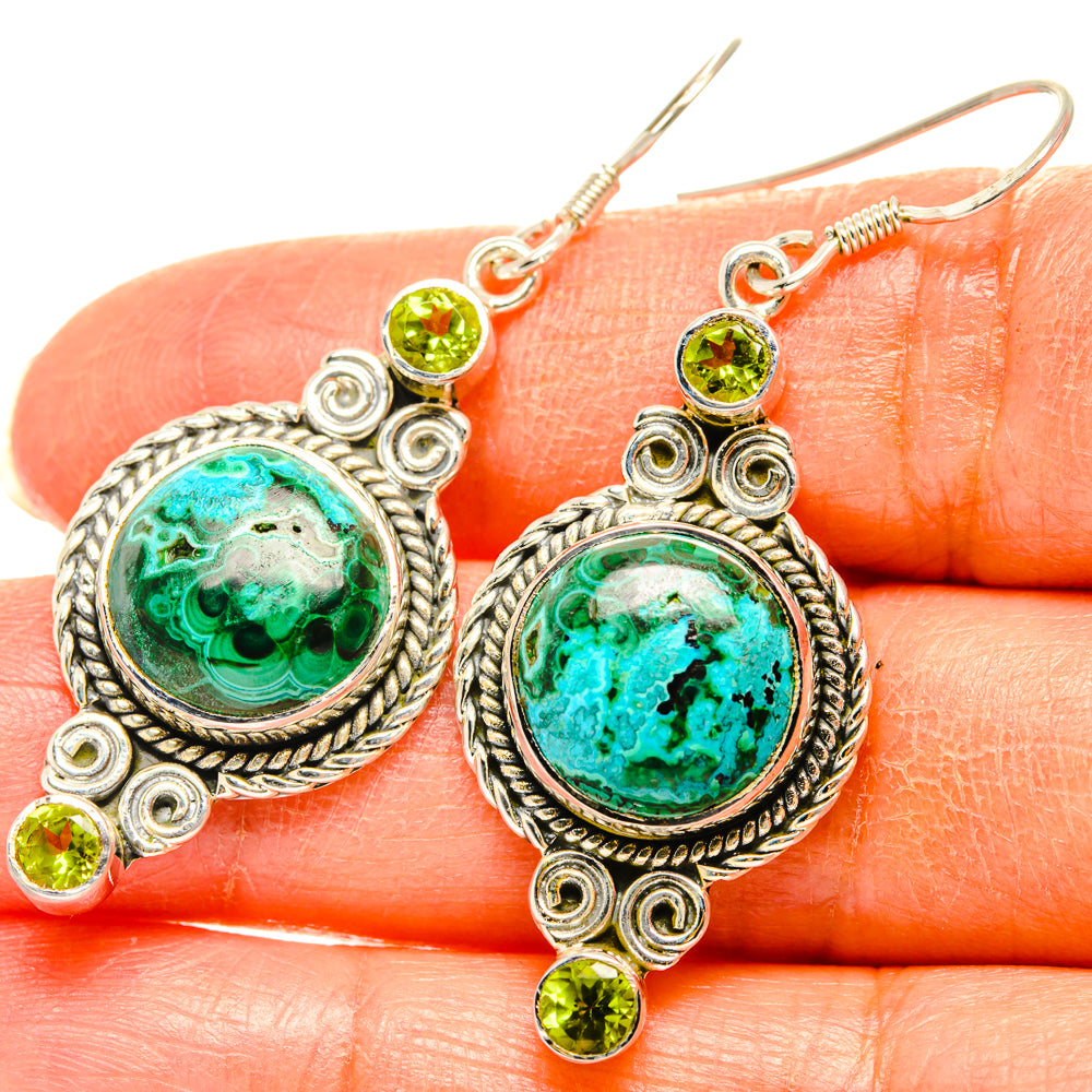 Ornate drop earrings with turquoise oval center and lime green round dangles
