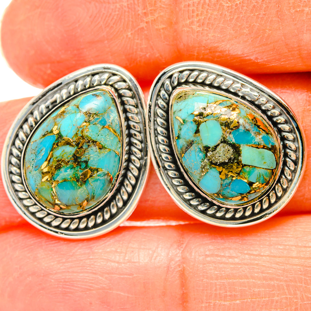 Turquoise oval stud earrings with antique silver bezel and wire posts