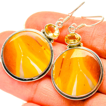 Round citrine stone drop earrings with sterling silver bezel and hook backs
