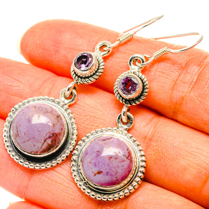 Amethyst and stichtite drop earrings, round purple stones in silver ornate settings