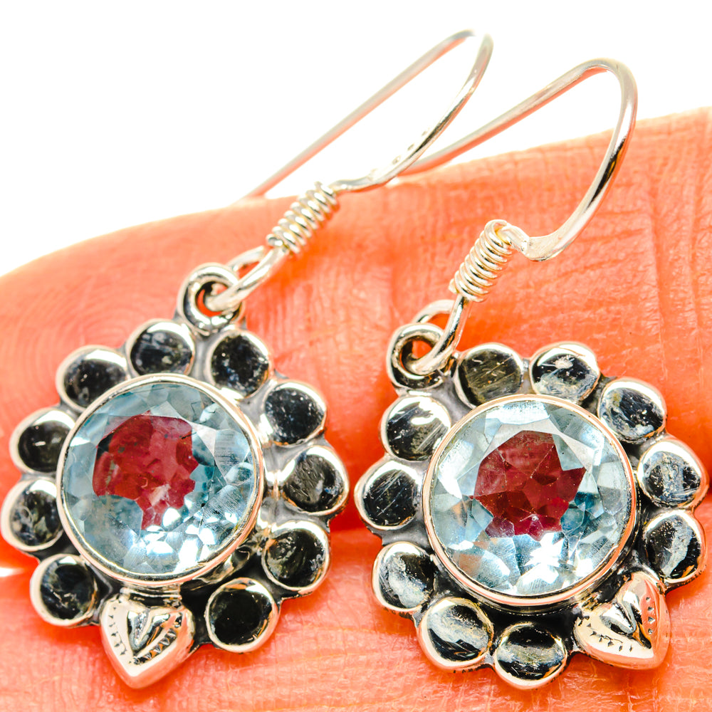 Round blue topaz gemstone drop earrings in 925 sterling silver with dark bezel accents