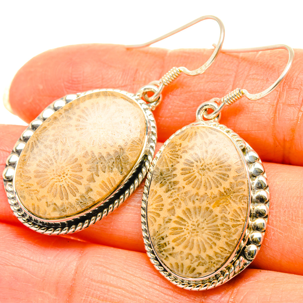 Oval fossil coral cabochon earrings, silver scalloped frame, fishhook backs