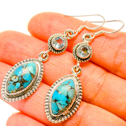 Turquoise oval drop earrings in 925 sterling silver, ornate halo settings