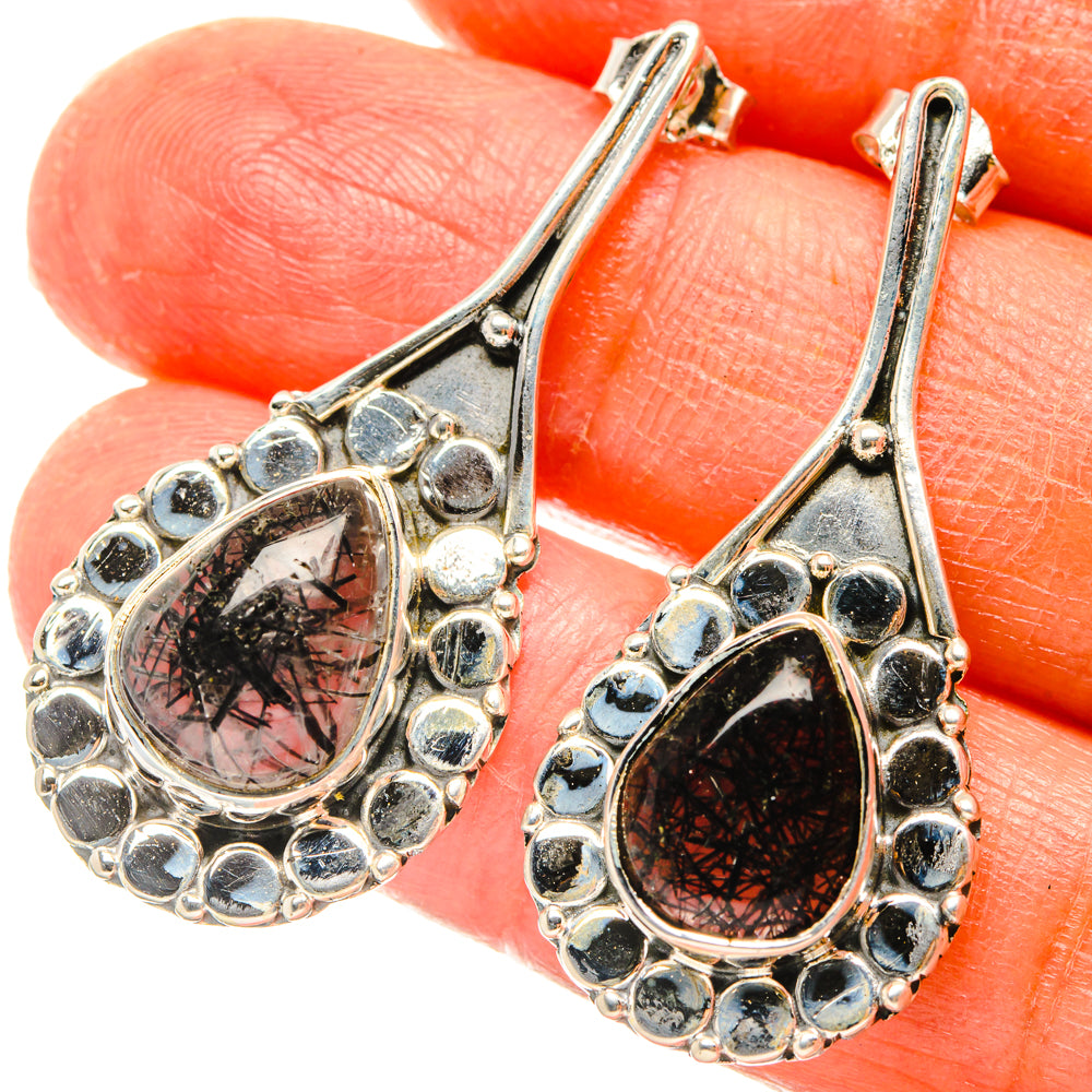 Sterling silver teardrop earrings with black tourmalinated quartz and beaded border