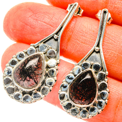Sterling silver teardrop earrings with black tourmalinated quartz and beaded border