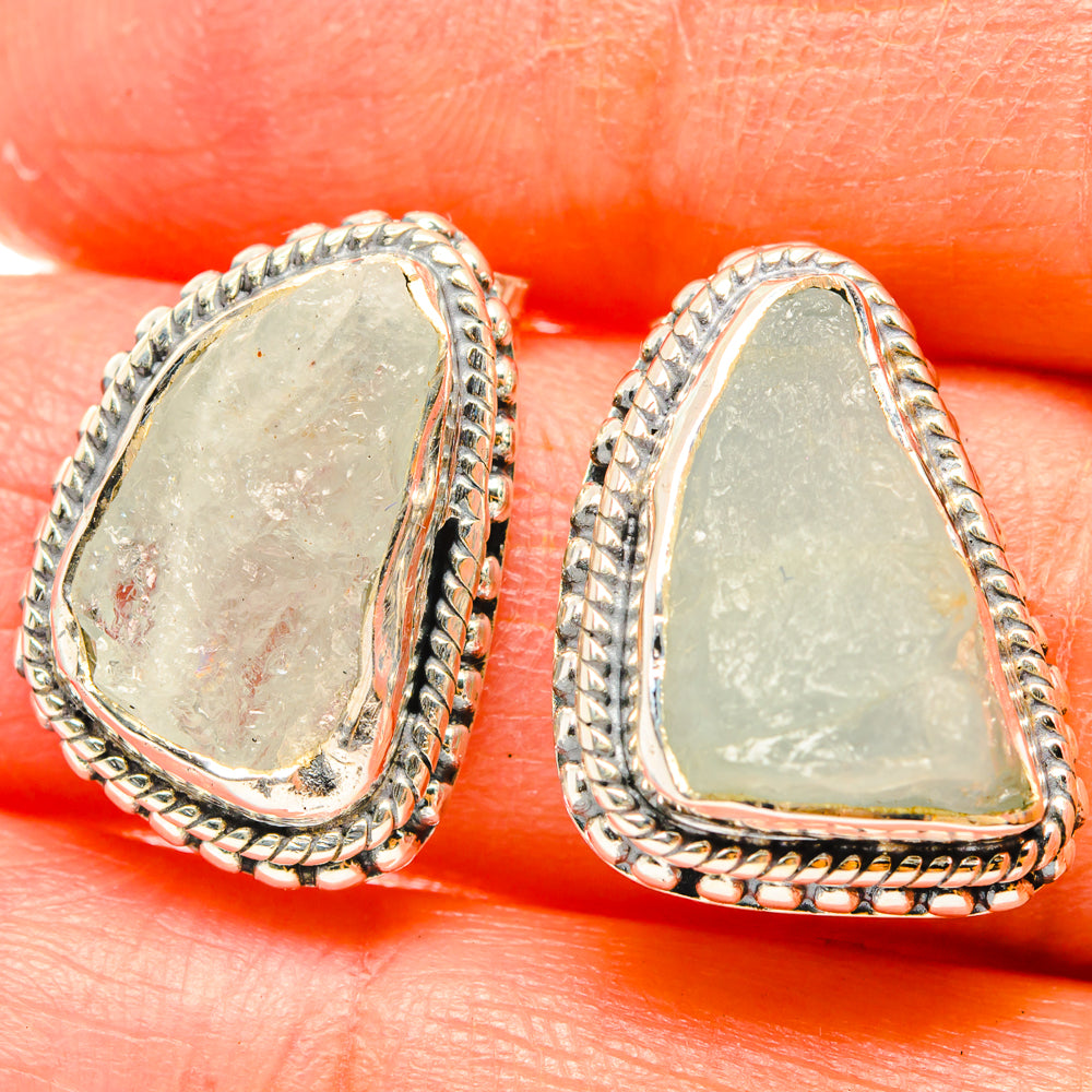Rough aquamarine teardrop earrings in 925 sterling silver, rope bezel border