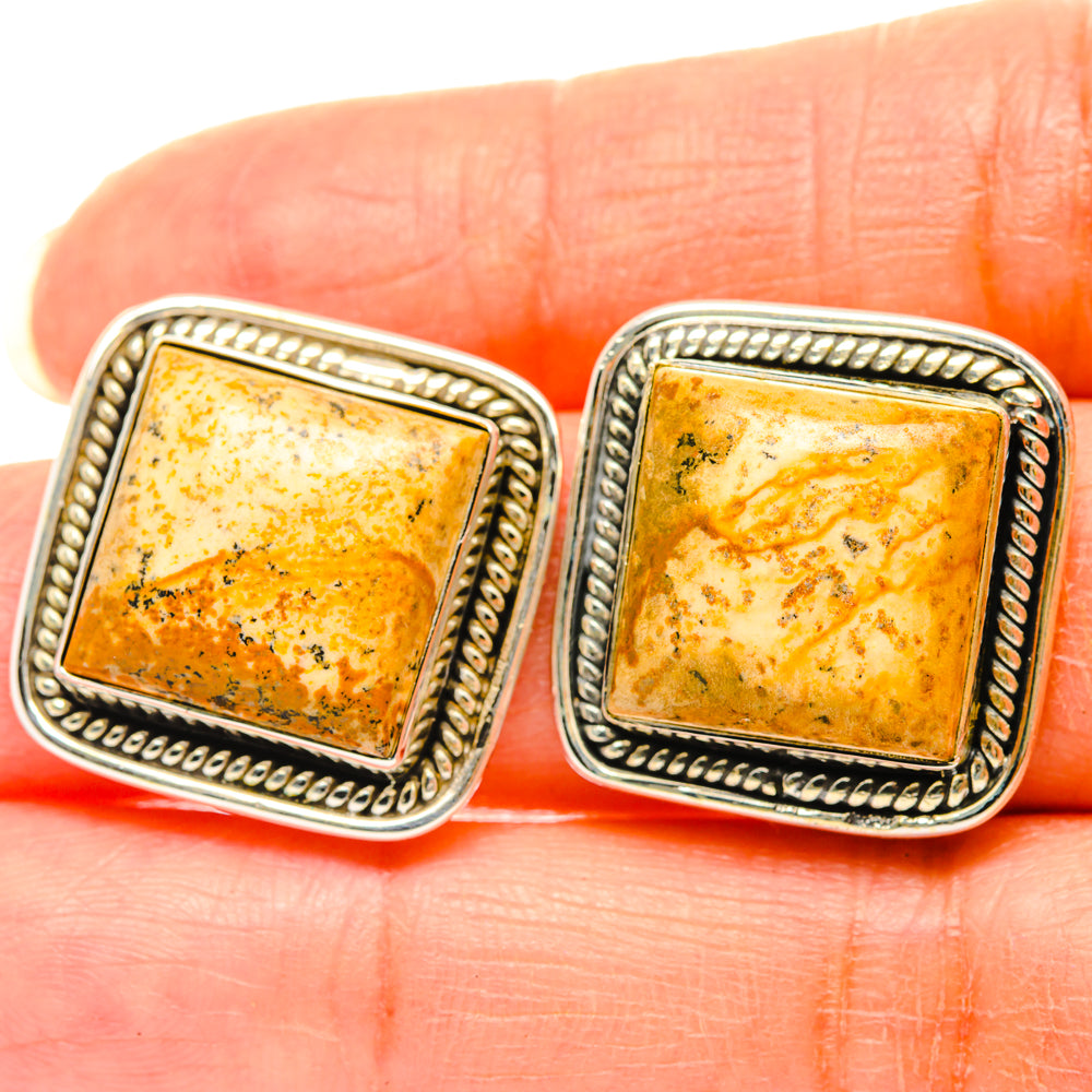 Square picture jasper stud earrings, 925 sterling silver bezel with rope trim