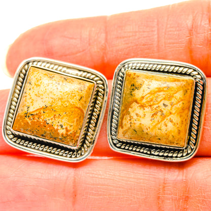 Square picture jasper stud earrings, 925 sterling silver bezel with rope trim