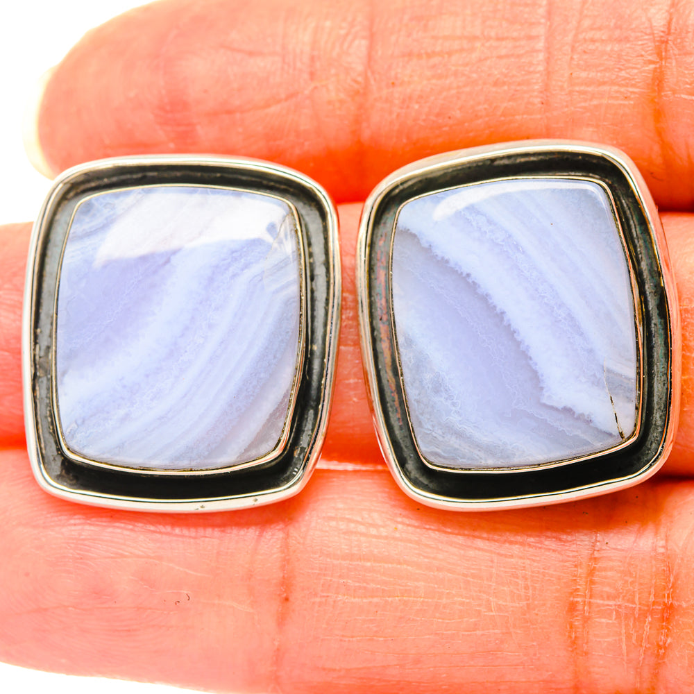 Square blue lace agate stud earrings in 925 sterling silver, close-up detail