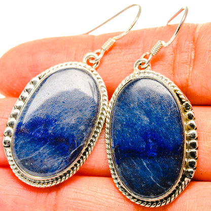 Oval sodalite cabochon drop earrings, 925 sterling silver with ornate border