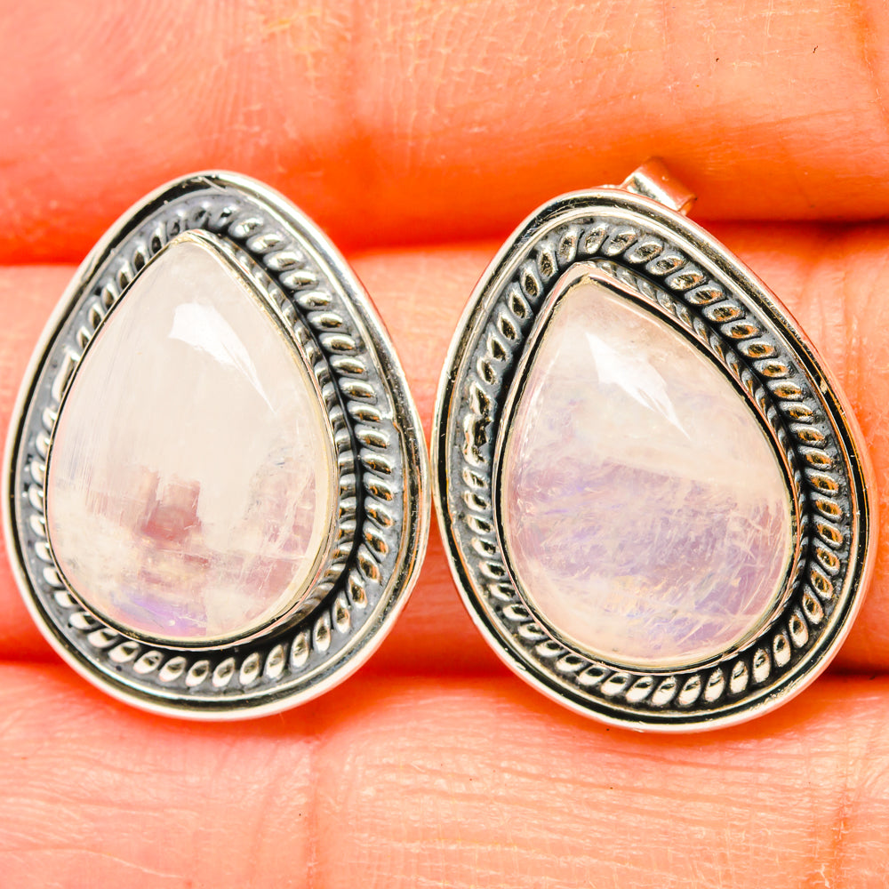 Teardrop moonstone earrings in 925 sterling silver, ornate beaded bezel, stud backs