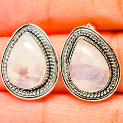 Teardrop moonstone earrings in 925 sterling silver, ornate beaded bezel, stud backs